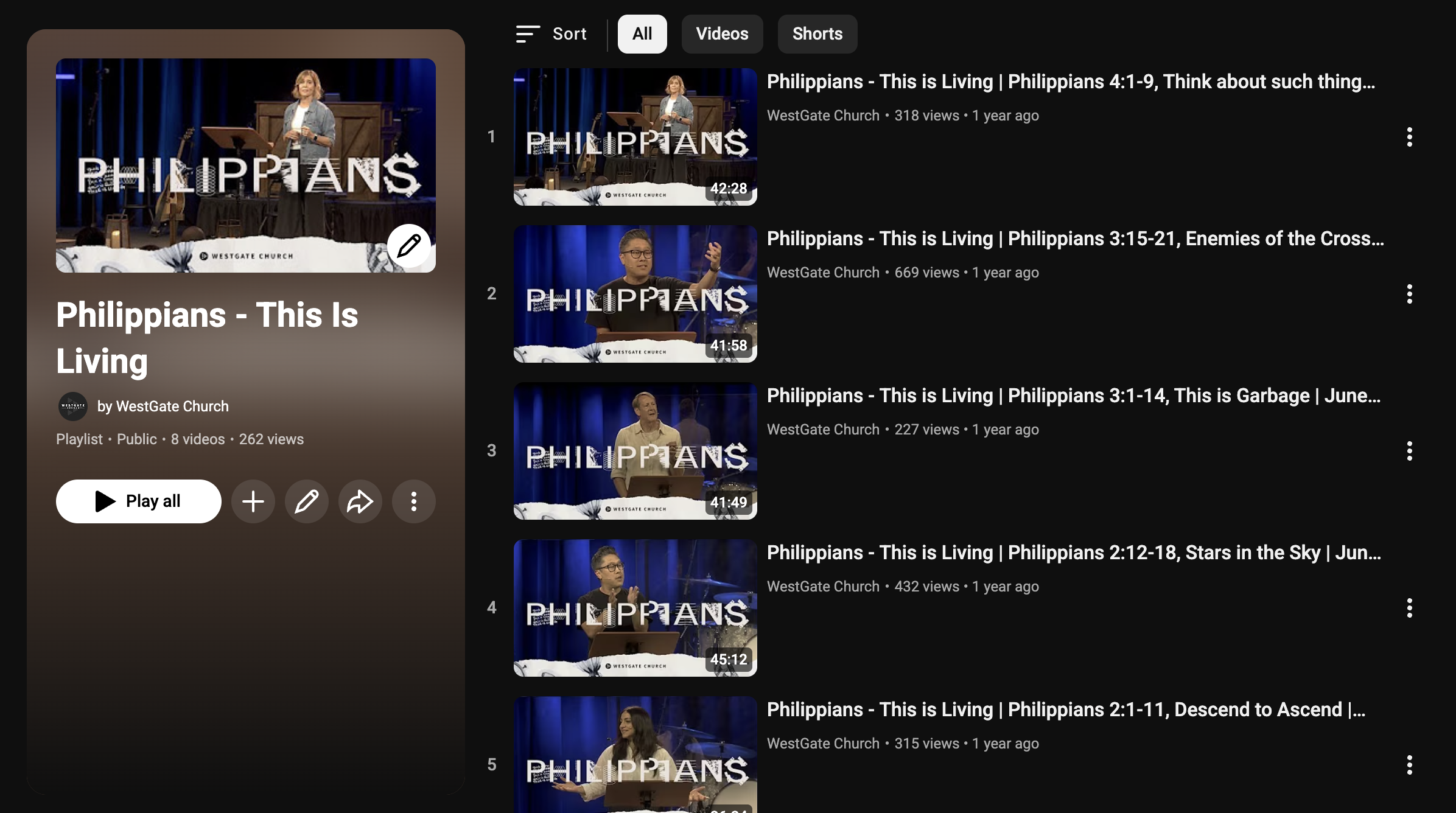Thumbnail images and list of YouTube video titles from a playlist titled 'Philippians - This Is Living' by WestGate Church. The list includes titles such as 'Philippians 4:1-9,' 'Enemies of the Cross,' 'Philippians 3:1-14,' 'Stars in the Sky,' and 'P