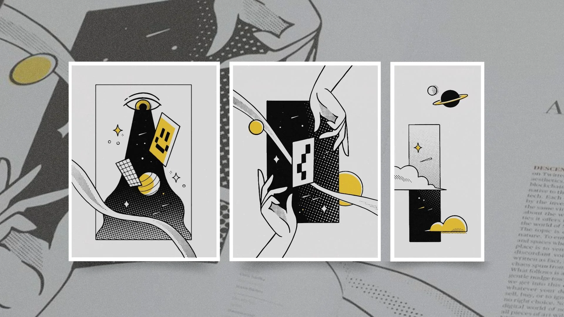 Three abstract illustrations with black, white, and yellow colors, featuring cosmic and space elements such as planets, stars, and clouds, connected with geometric shapes and hands interacting with the illustrations.