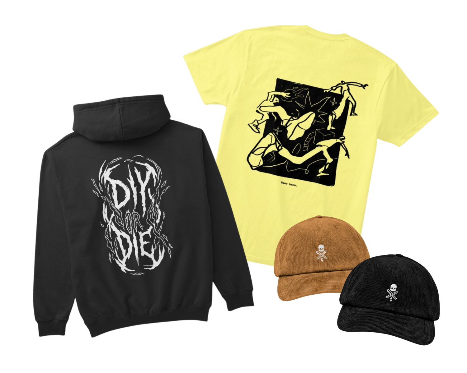A collection of streetwear including a black hoodie with white graphic text, a yellow T-shirt with a black abstract sketch, a brown cap with a skull and crossbones patch, and a black cap with similar skull design.