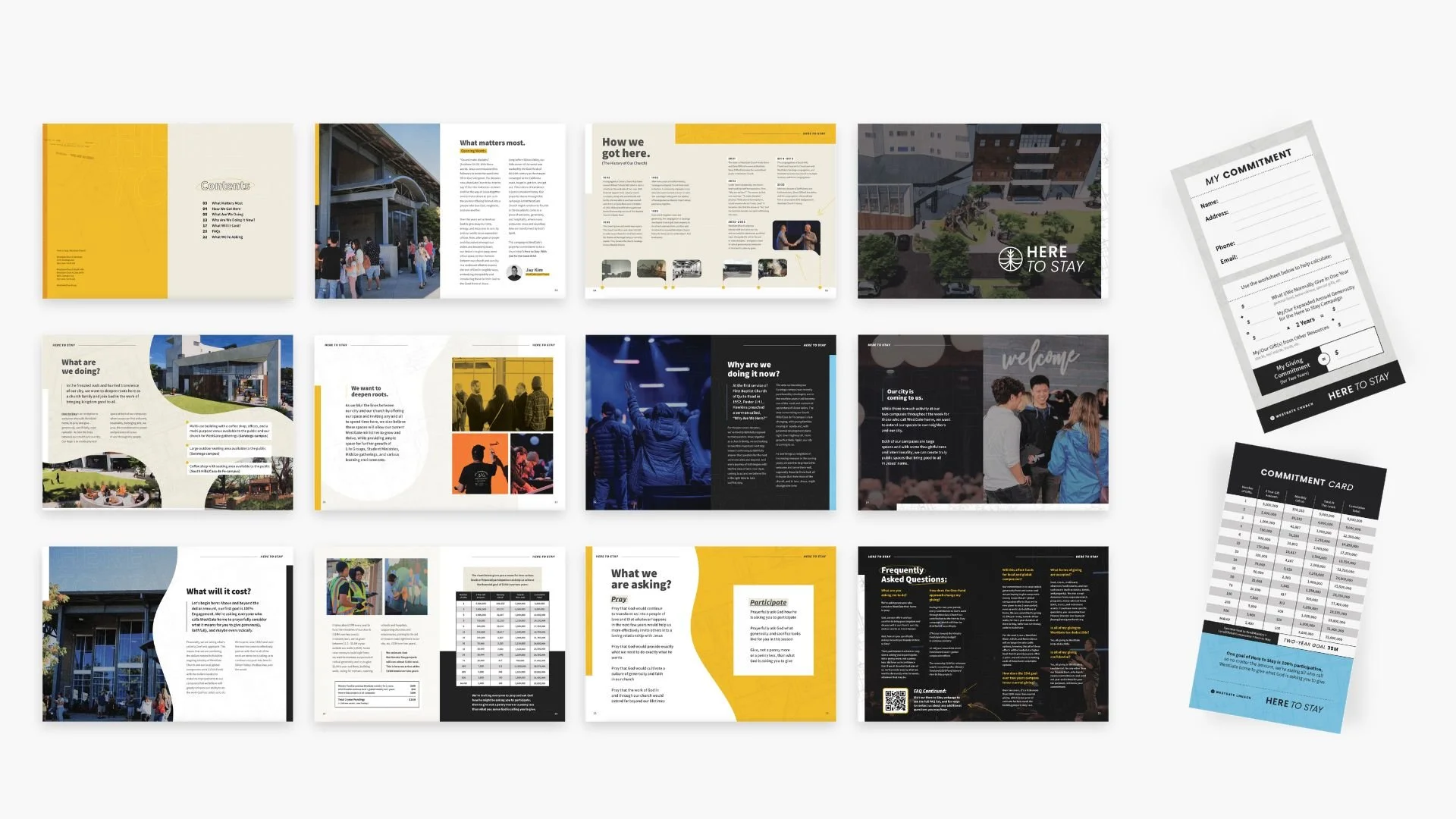 FINALIZED BOOKLET -  These pages show the interior layout of the Here to Stay booklet, designed for clarity, warmth, and momentum. The content was structured to guide readers through the story of the campaign with visual consistency and space to enga