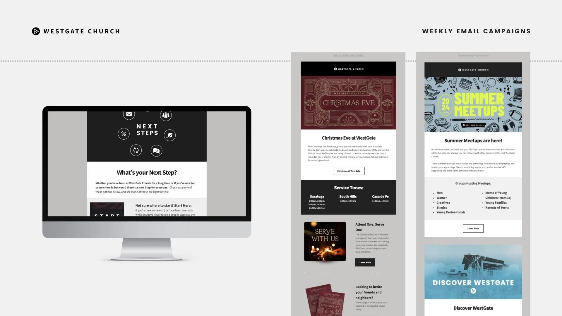 EMAIL CAMPAIGNS -  I led a visual and structural refresh of the weekly email, our primary communication tool for events, updates, and announcements across campuses, focusing on clarity, brand alignment, and engagement, while coordinating with departm