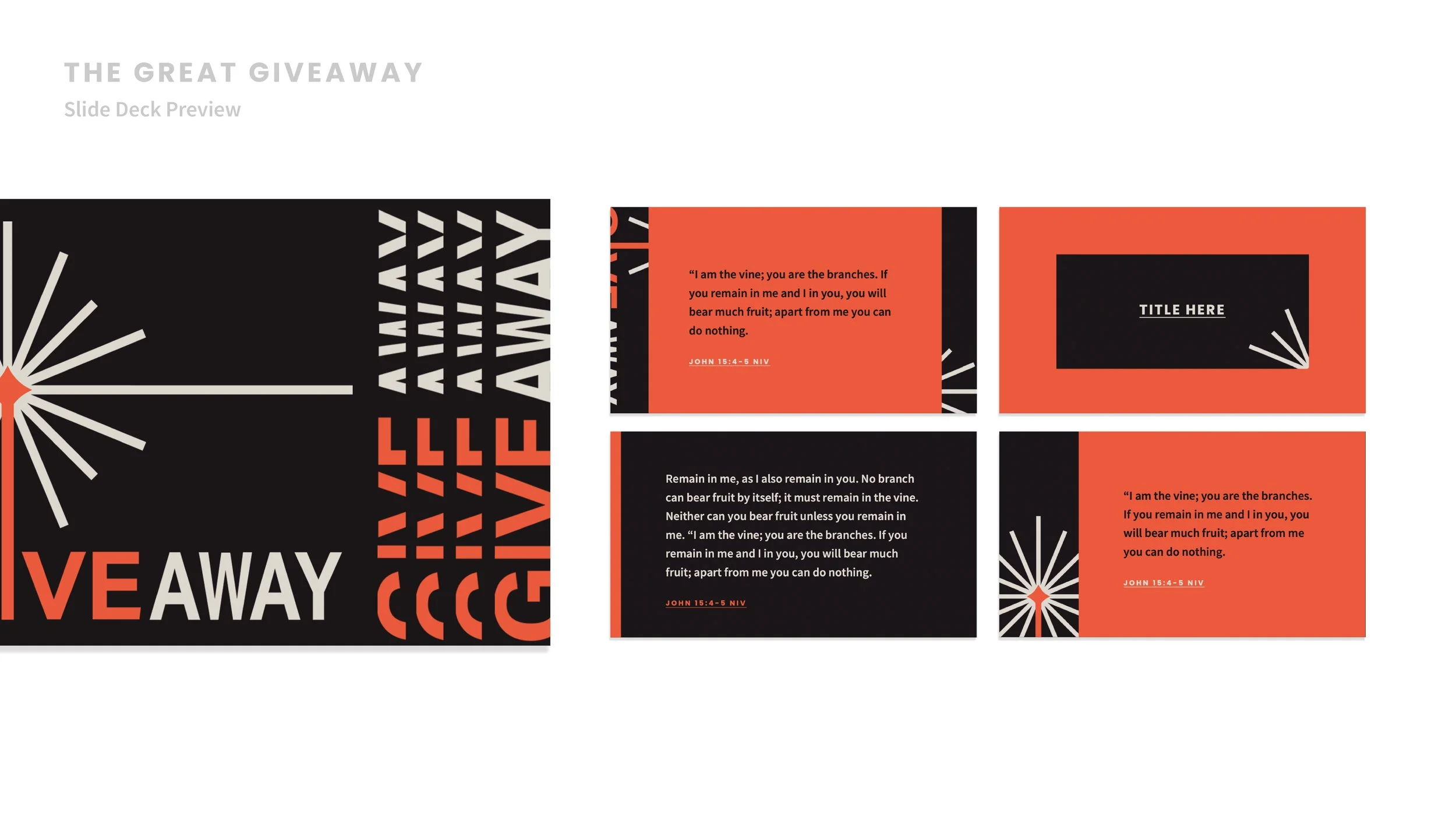 A slide deck preview titled 'The Great Giveaway' with a modern black and orange design. It features one large cover slide with bold text, and four smaller slides containing Bible quotes, placeholders for titles, and decorative graphic elements with r