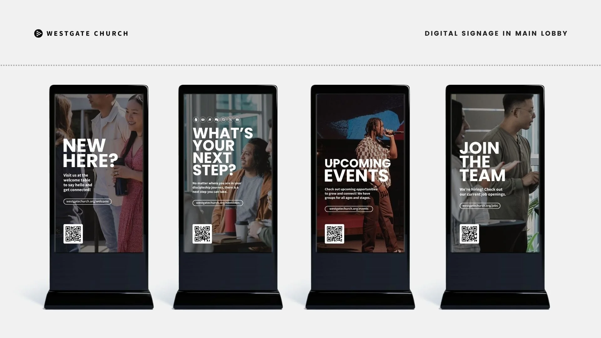 DIGITAL SIGNAGE -  To reduce waste and improve flexibility, I proposed replacing costly printed banners with digital signage in our lobby spaces, designing branded slides in vertical and horizontal formats with clear messaging and calls to action tha