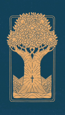 Decorative illustration of a large tree with many leaves and a cross carved into the trunk, set within a rectangular border with floral and geometric details.