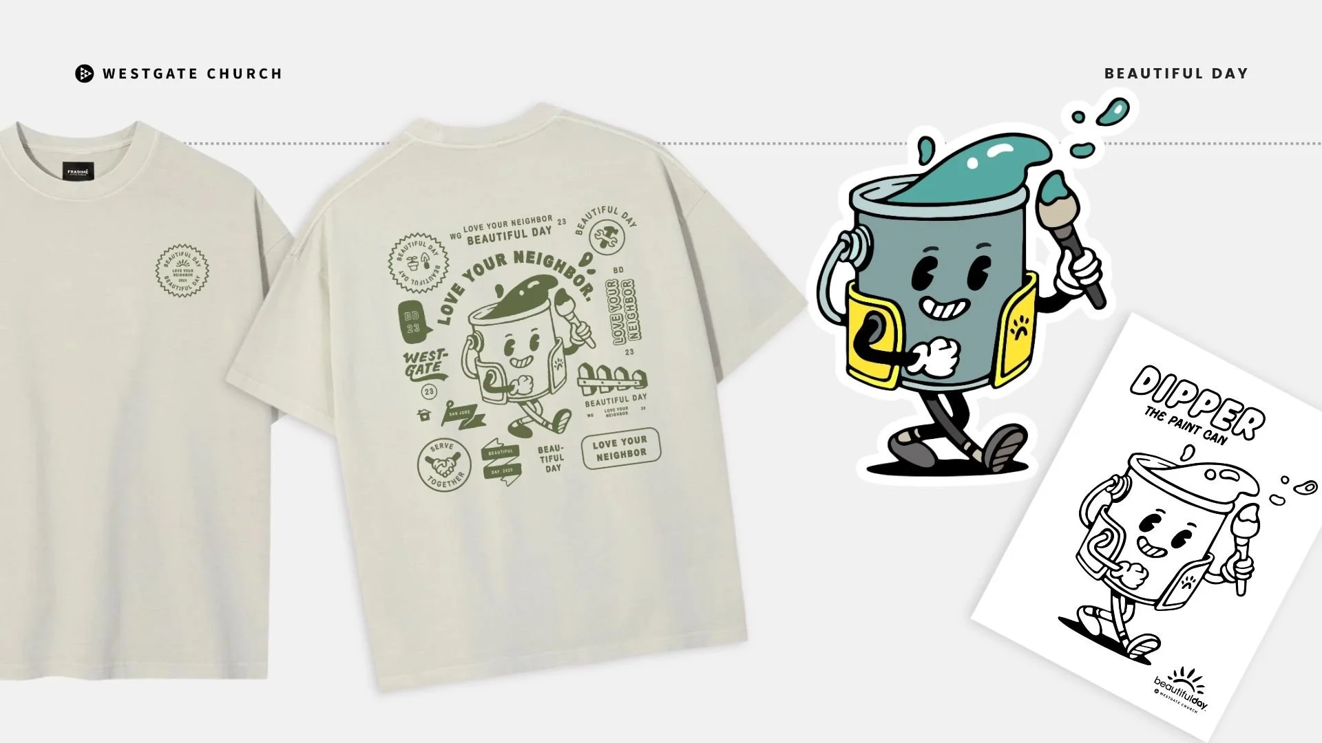 2023 DIPPER DESIGN -  In 2023, we were revitalizing Beautiful Day after a transition of their core leadership. In an aim to add some levity and fun, we brought a bit more personality to the yearly theme, creating Dipper the Paint Can. This was at the