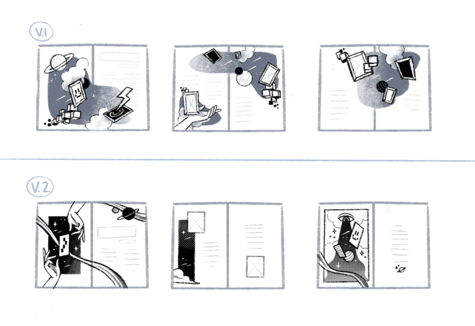 Illustration showing two sets of comic-style sketches comparing two versions of a digital comic. The first row (V.1) depicts images of floating objects, including a smiling square character, tablets, and abstract shapes in space and clouds. The second row (V.2) shows the same square character emerging into space, holding a tablet, with lunar or cosmic backgrounds, indicating a more dynamic and expansive scene.