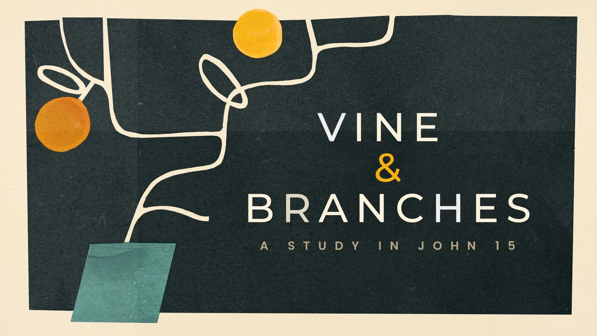 Illustration of a potted plant with a dark background, showing three yellow-orange round fruits on twisting white branches, with the text "Vine & Branches: A Study in John 15" in the center.