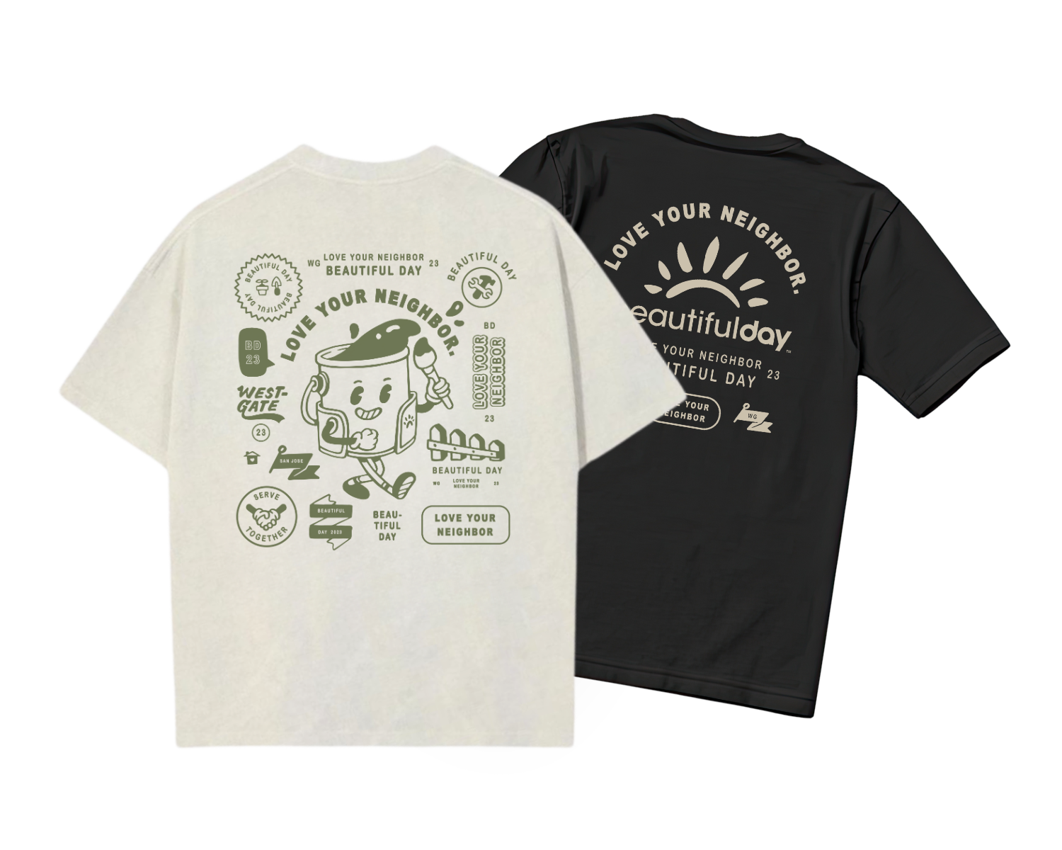 Two t-shirts, one white with green text and graphics, and one black with white text and graphics, promoting community love and a day dedicated to beautifying neighborhoods.