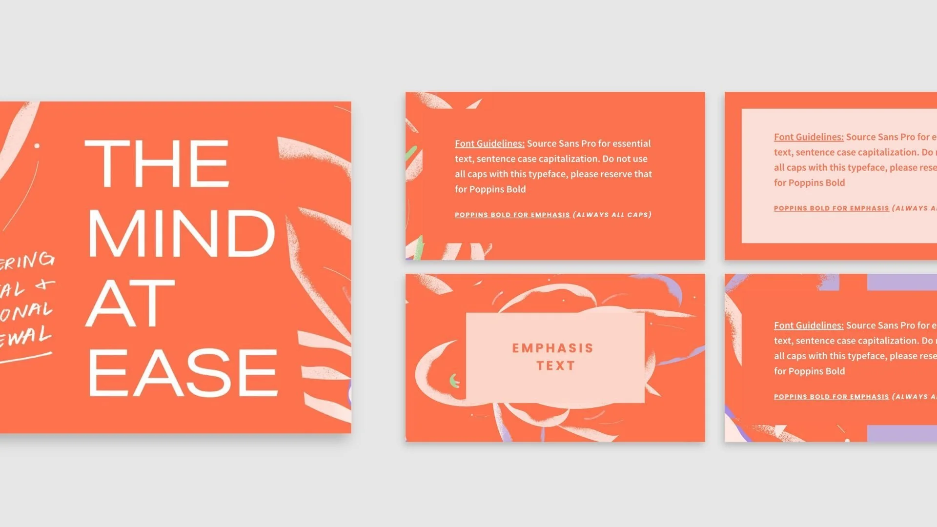 A set of five orange presentation slides with white, purple, green, and pastel peach abstract patterns and text. The first slide has large white text that reads 'THE MIND AT EASE' with some smaller handwritten text. The other slides contain text guid