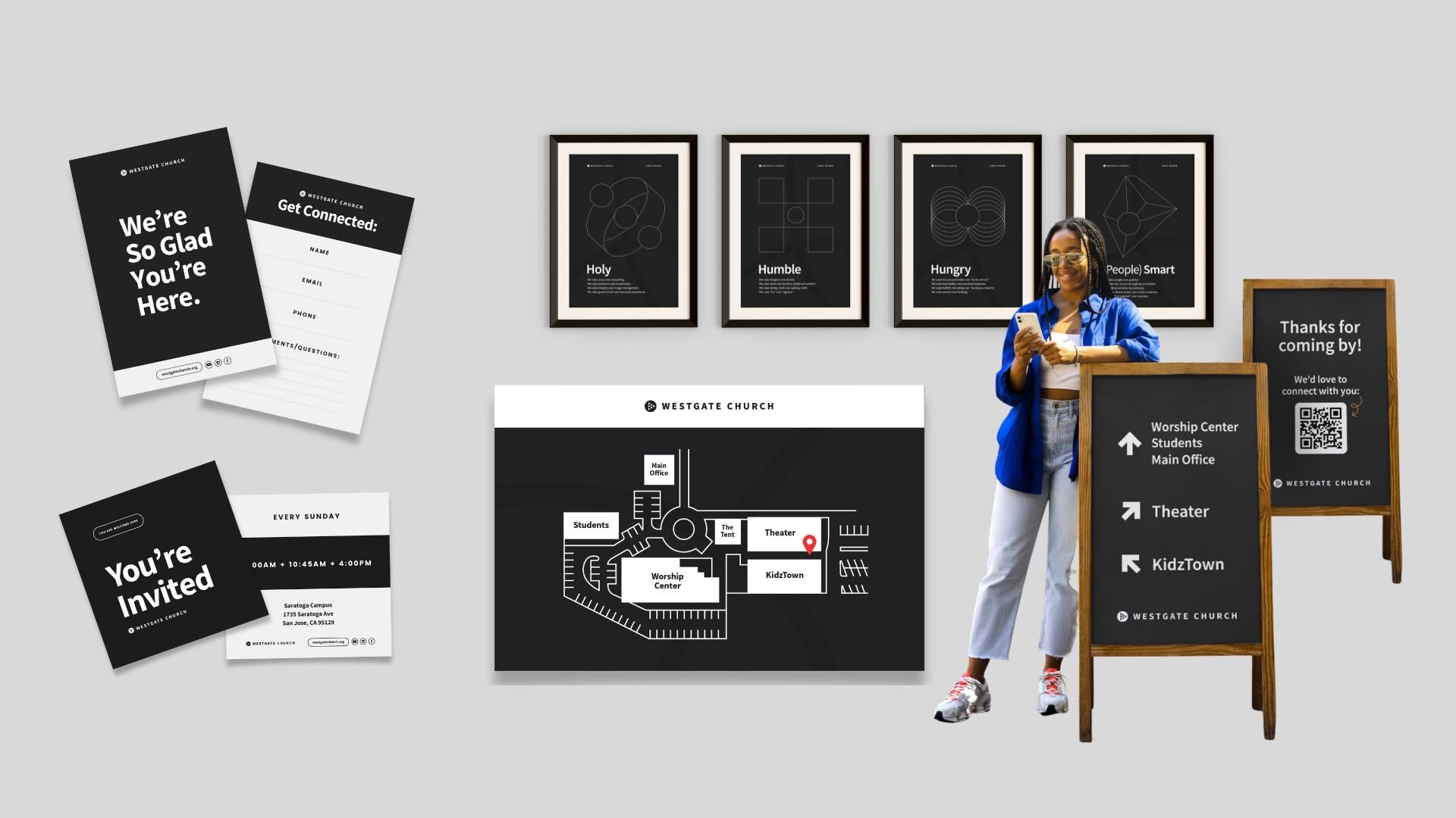 BRAND MATERIALS -  These are examples of print and environmental materials that follow the brand closely and show how it works in real spaces.