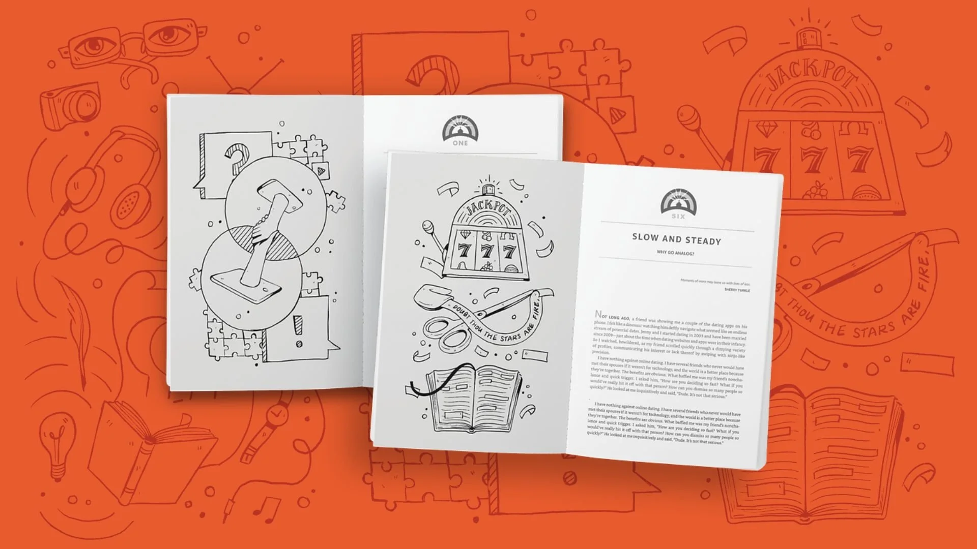 Open books with black and white illustrations of a slot machine, a book, and a hand holding a phone, set against an orange background with doodle-style illustrations of glasses, a camera, headphones, a maze, a diamond, and a lightbulb.
