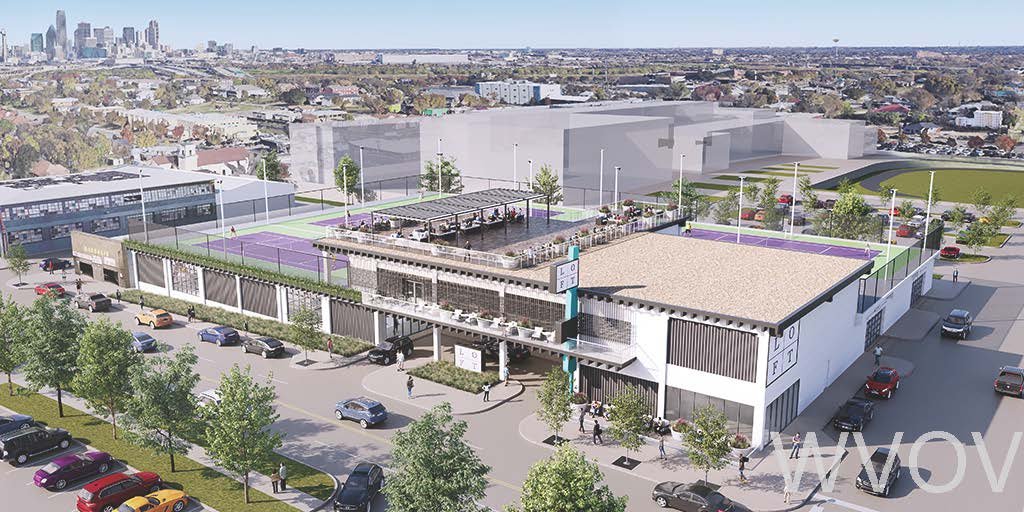 An artist's rendering of a modern sports complex featuring multiple tennis courts, a building with a rooftop lounge, and surrounding parking include trees and city skyline in the background.