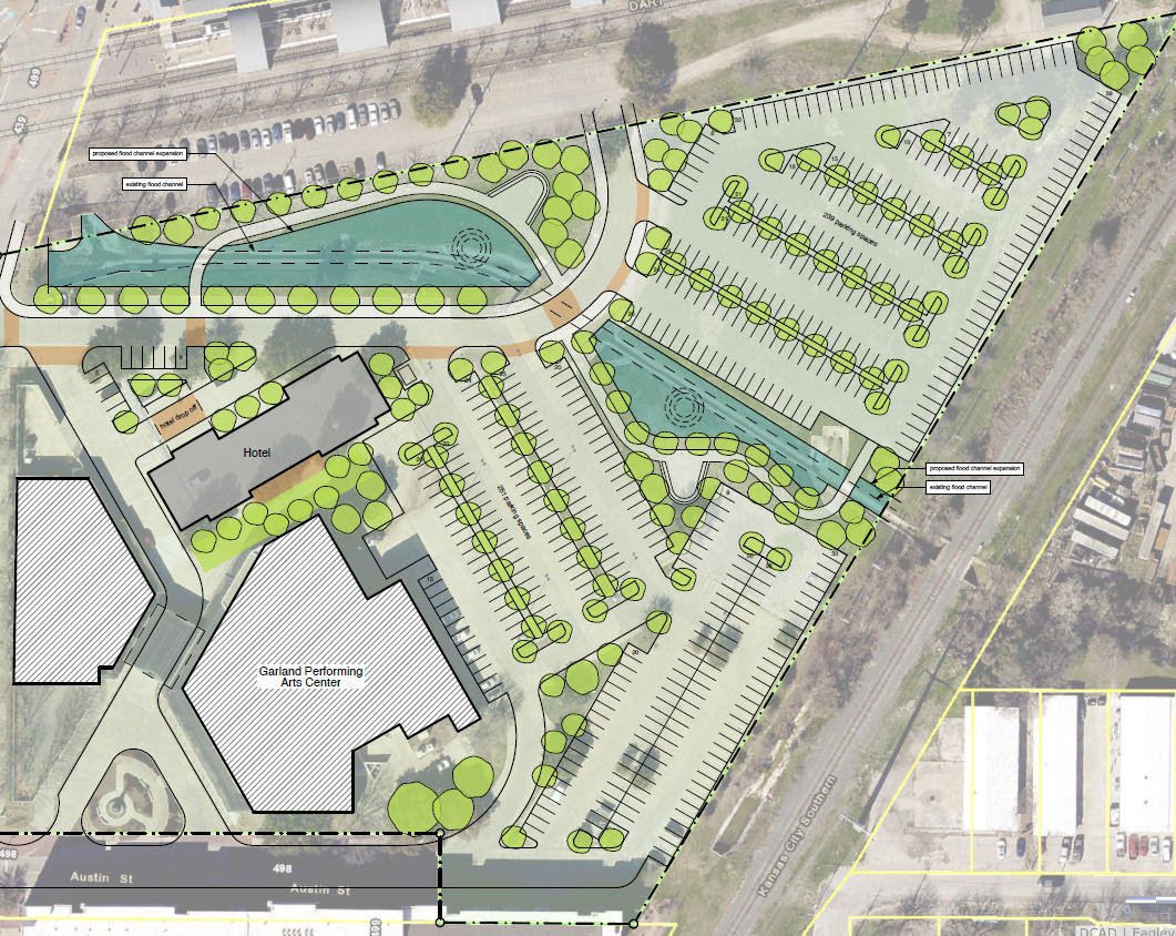 Site plan of a parking lot with two water features, trees, and surrounding buildings including a hotel and a performing arts center.