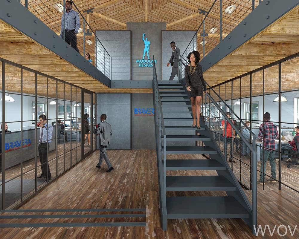 Modern office space with wooden flooring, glass walls, and a staircase. People are working and walking, some on the staircase, others at desks outside. The office has a mezzanine level with a logo 'MODULAR DESIGN' and another sign 'BRAVER'.