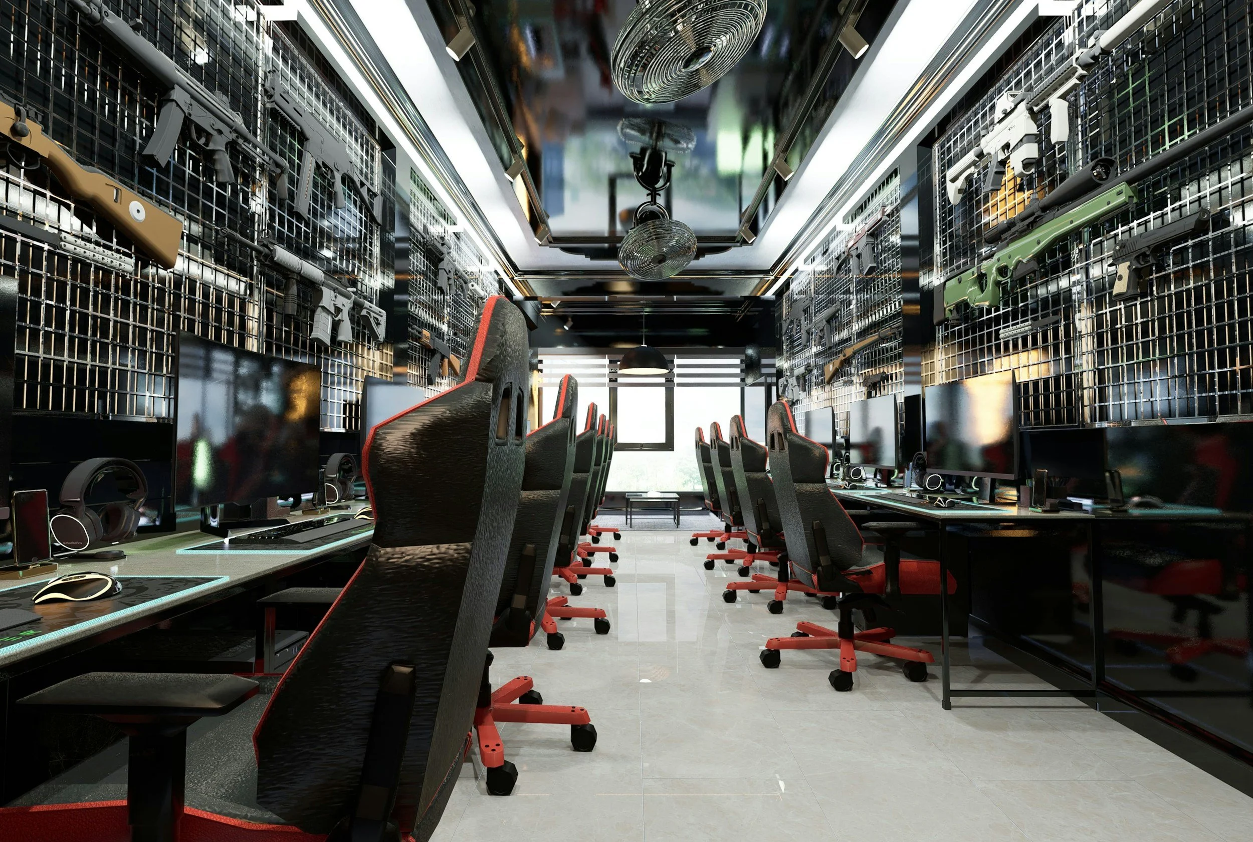 Gaming room with multiple gaming chairs, computer desks, monitors, and various firearms mounted on the walls.