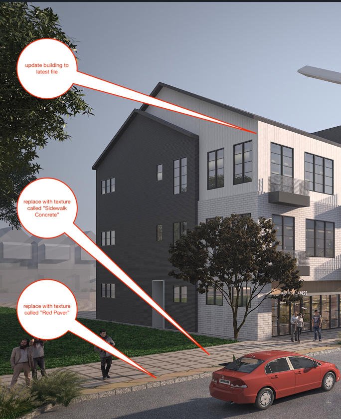 Architectural rendering of a modern multi-story building with annotations indicating updates to the exterior finishes, including replacing texture called 'Sidewalk Concrete' with a new texture called 'Red Paver'; and replacing the upper building facade's texture with 'latest file'. There are pedestrians on the sidewalk and a red car parked in front of the building.