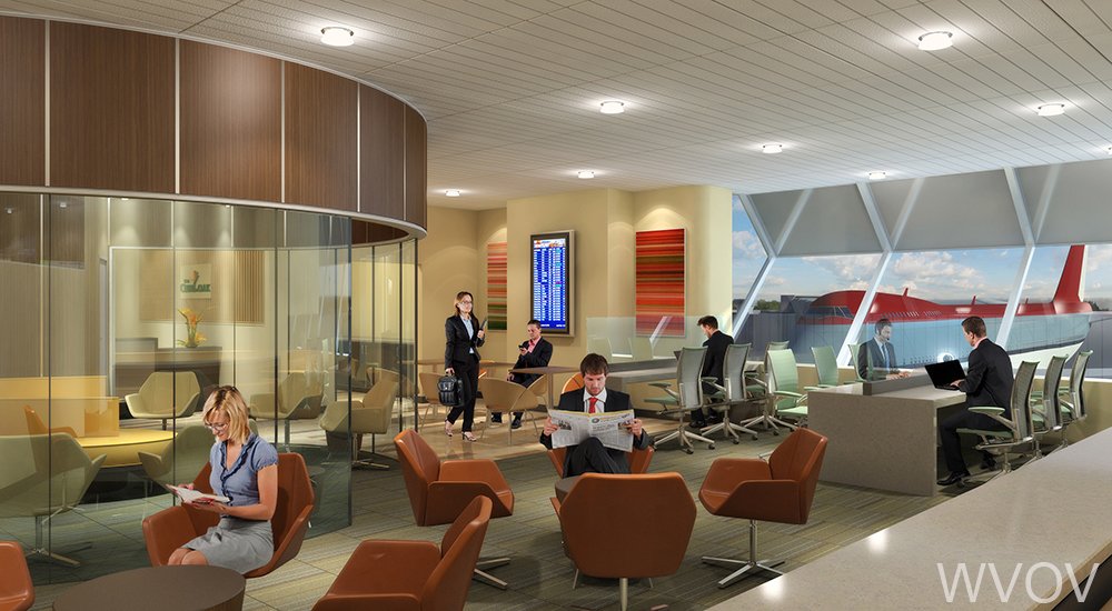 Airport terminal with passengers sitting and working, a large window showing an airplane outside, and a departure information display.
