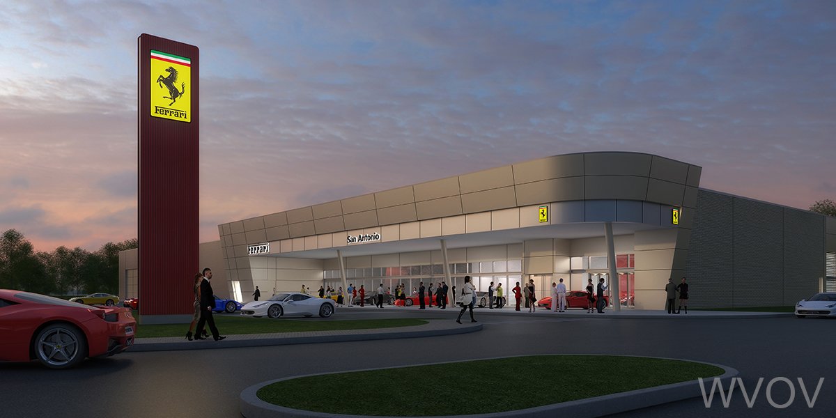Rendering of a Ferrari dealership with a modern architecture, outdoor cars, and a large Ferrari logo sign, during sunset.