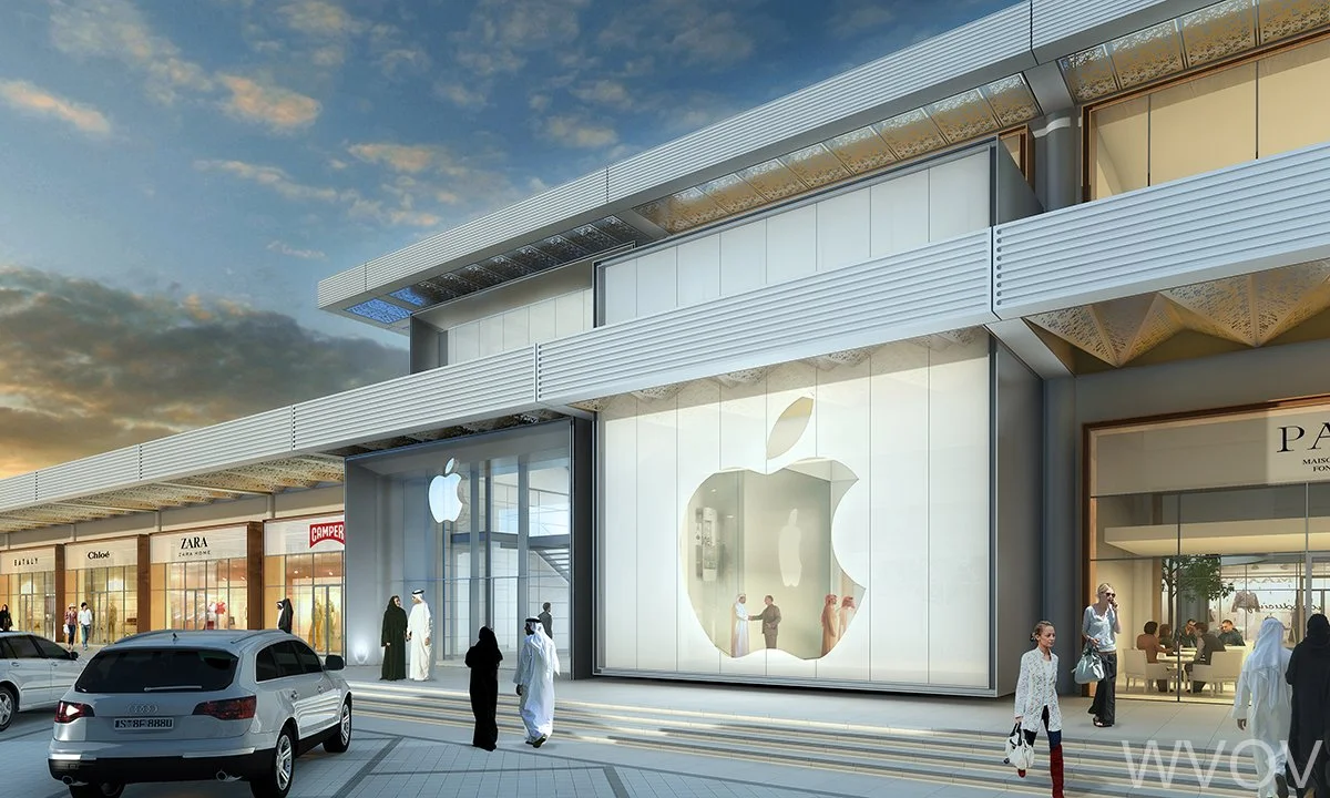 A modern shopping mall with large Apple store windows, displaying the Apple logo, in a shopping district with luxury brands like Zara, Chloe, and Prada, and people walking outside during the day.