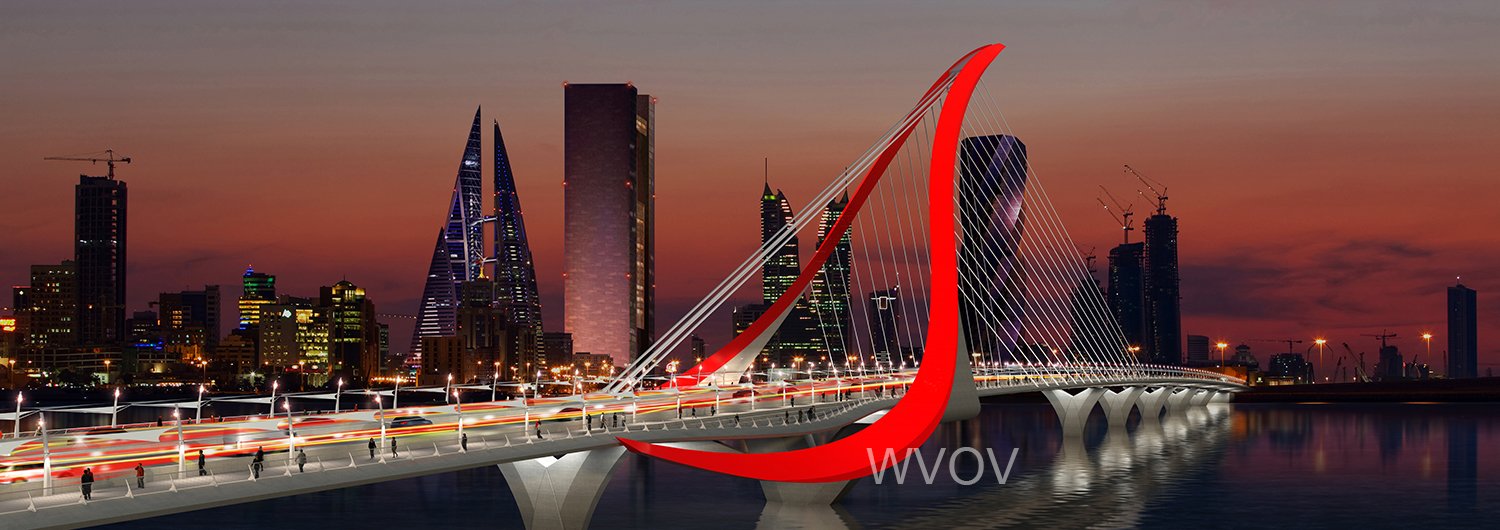 Nighttime view of a modern city skyline with tall skyscrapers and a bridge with a futuristic design, featuring prominent red and white curved structures, lit by streetlights, over a body of water.