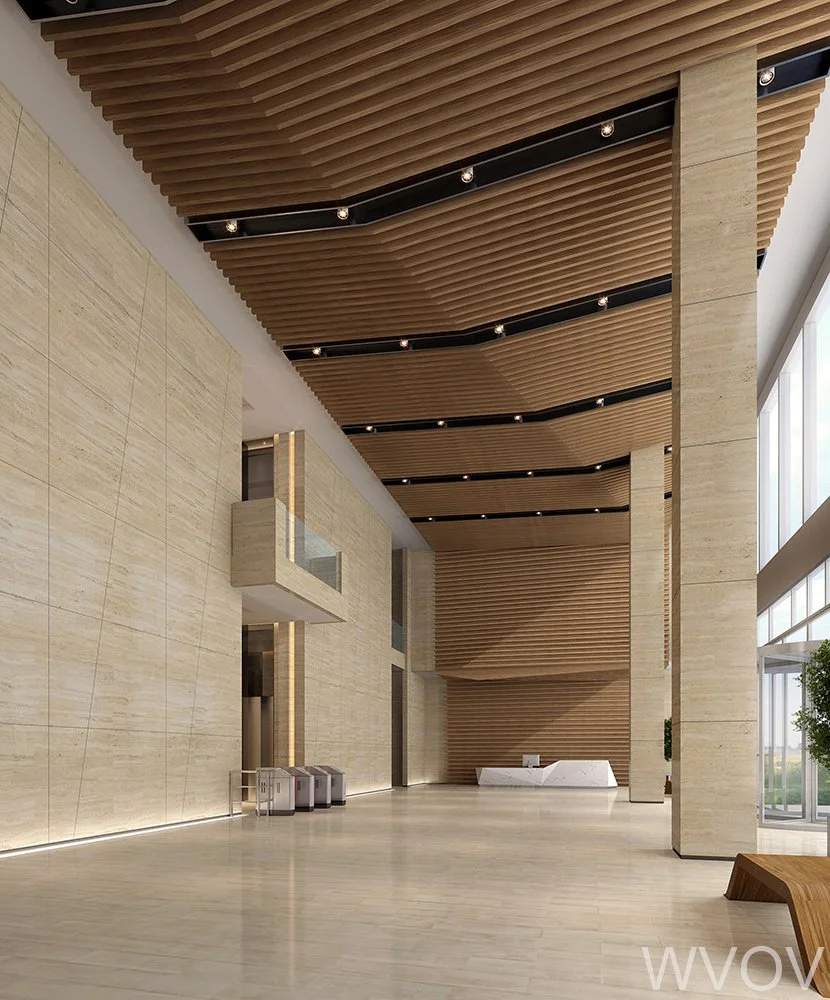 Modern hotel lobby with large windows, beige walls, wooden ceiling design, and a reception desk in the background.