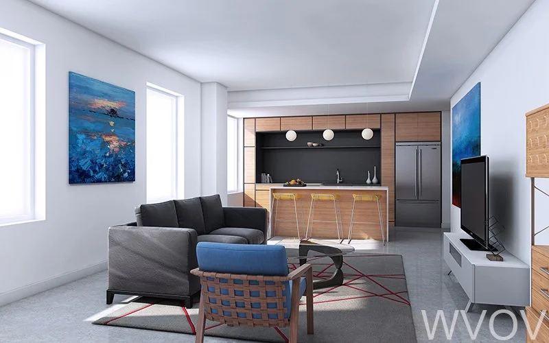 Open-concept living room with modern decor, featuring a gray sofa, a blue armchair, a TV on a white stand, and a kitchen area with a breakfast bar, hanging spherical lights, and colorful artwork on white walls.