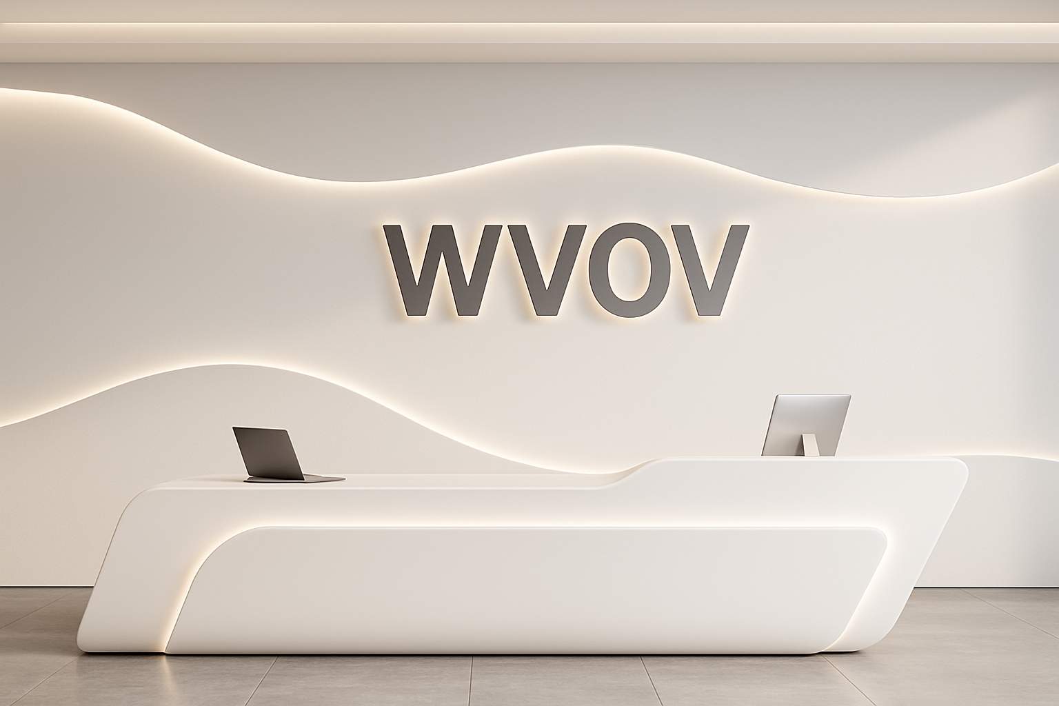 Modern reception desk with a minimalistic white design and two laptops. Behind the desk, a wall displays the illuminated logo 'WVOV'.
