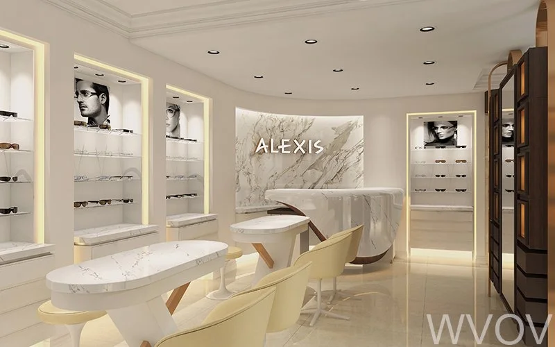 Interior of an eyewear store with display shelves of sunglasses, a marble wall with the name 'ALEXIS', seating areas, and black-and-white fashion photos.
