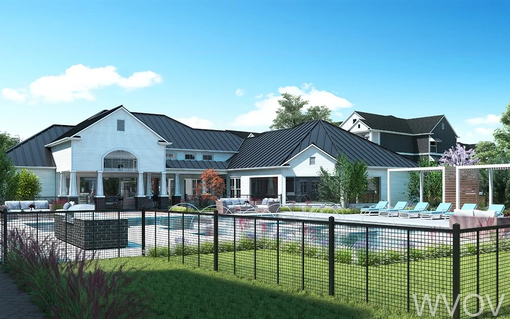 A large modern house with a pool, lounge chairs, trees, and a clear blue sky