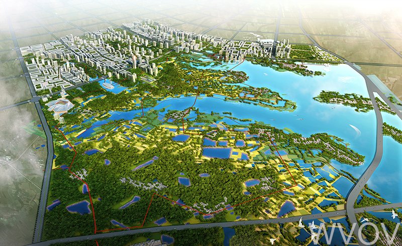 A detailed map of an urban development project showing a city with buildings, roads, green spaces, numerous lakes, and wetlands.