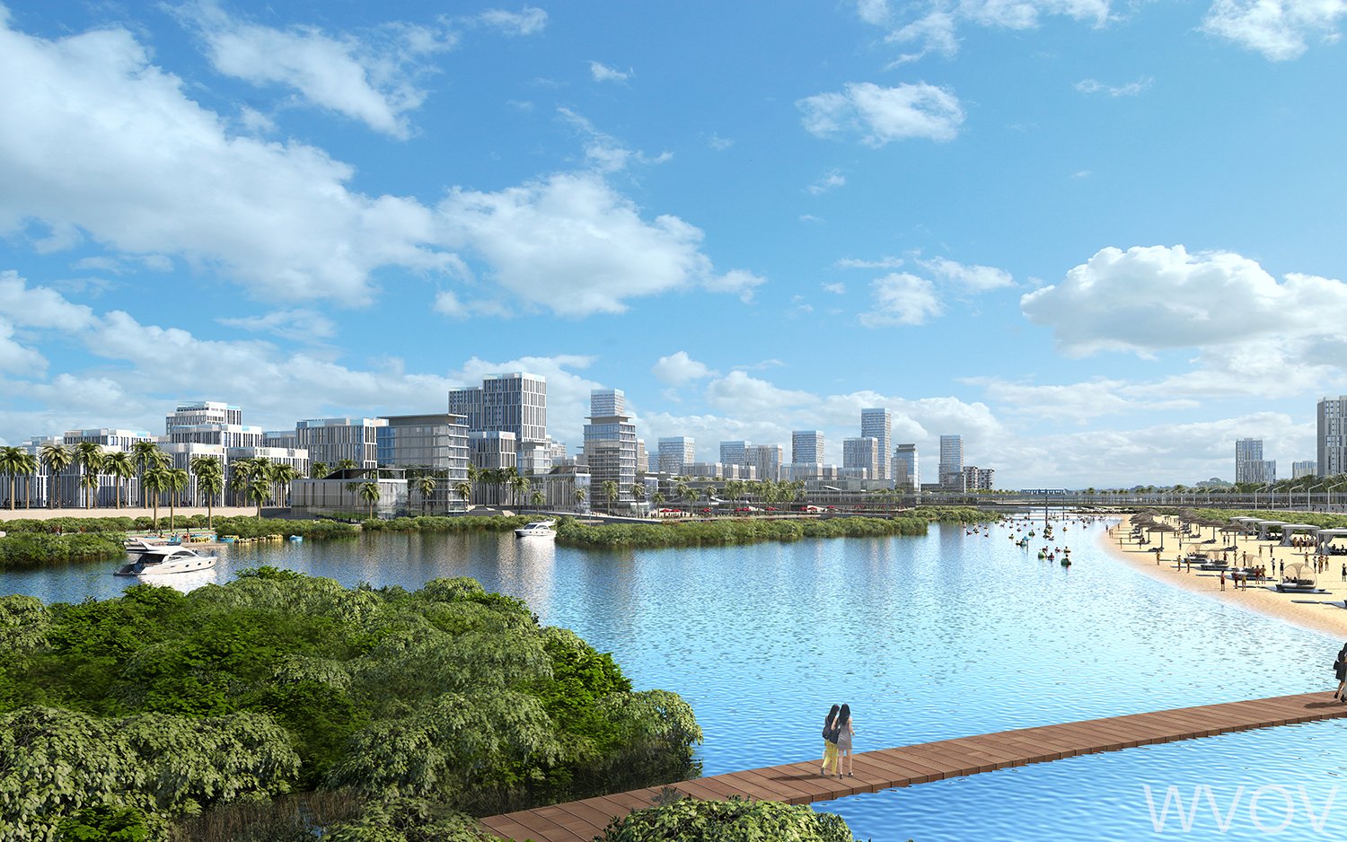 A modern city skyline along a river with boats, a pedestrian bridge, and a walkway with people, under a partly cloudy sky.
