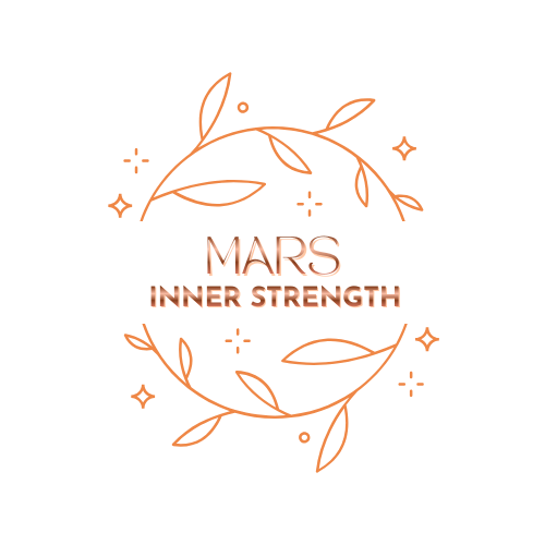 Design with text reading 'Mars Inner Strength' surrounded by a decorative circular leaf pattern and small stars on a black background.