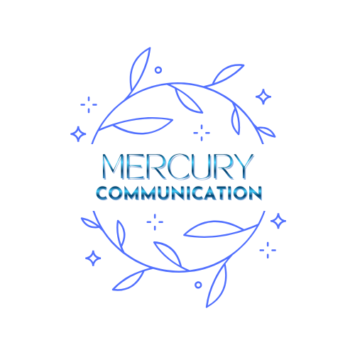 Logo for Mercury Communication featuring blue leaves and stars around the company name in blue text.