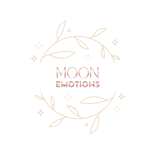 Logo with the words 'MOON EMOTIONS' surrounded by stylized leaves and small decorative stars on a black background.