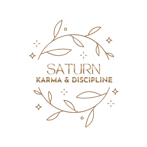 Logo with the words "Saturn Karma & Discipline" surrounded by decorative leaves and stars on a black background.
