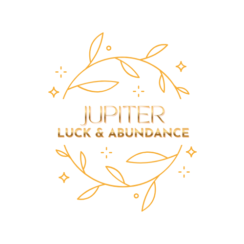 Stylized gold text on black background reads "Jupiter Luck & Abundance" surrounded by gold decorative leaf and star designs.