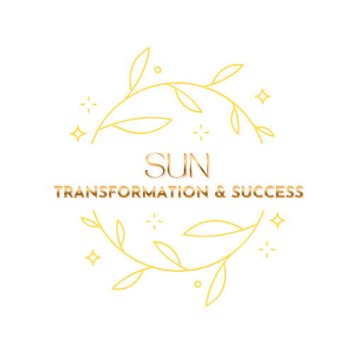 Stylized text reading "SUN TRANSFORMATION & SUCCESS" surrounded by yellow leaves and small sparkling stars on a black background.