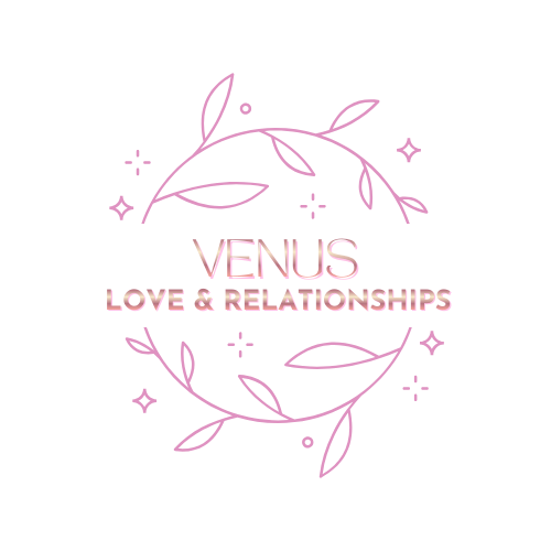 A pink and purple graphic design with the words "Venus Love & Relationships" surrounded by decorative leafy and star-like elements on a black background.