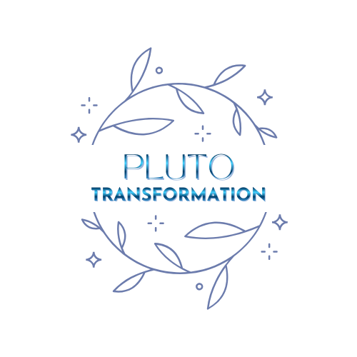 Design with leaves and stars surrounding the text 'Pluto Transformation' in blue on a black background.