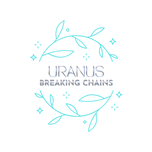 Design with blue text reading "URANUS BREAKING CHAINS" surrounded by a circular laurel made of stylized leaves and small star-like accents.