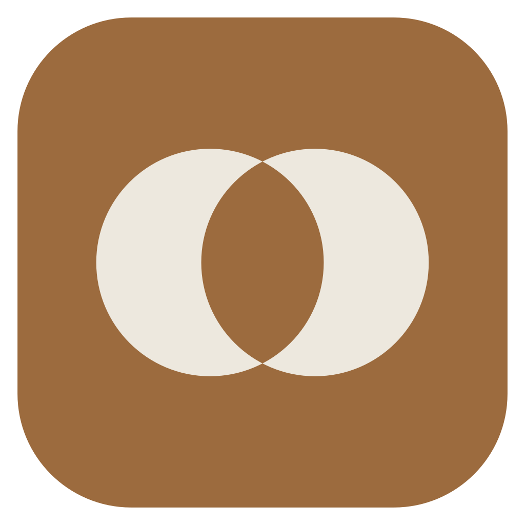 logo with two overlapping white circles on a brown background.  fused web studio