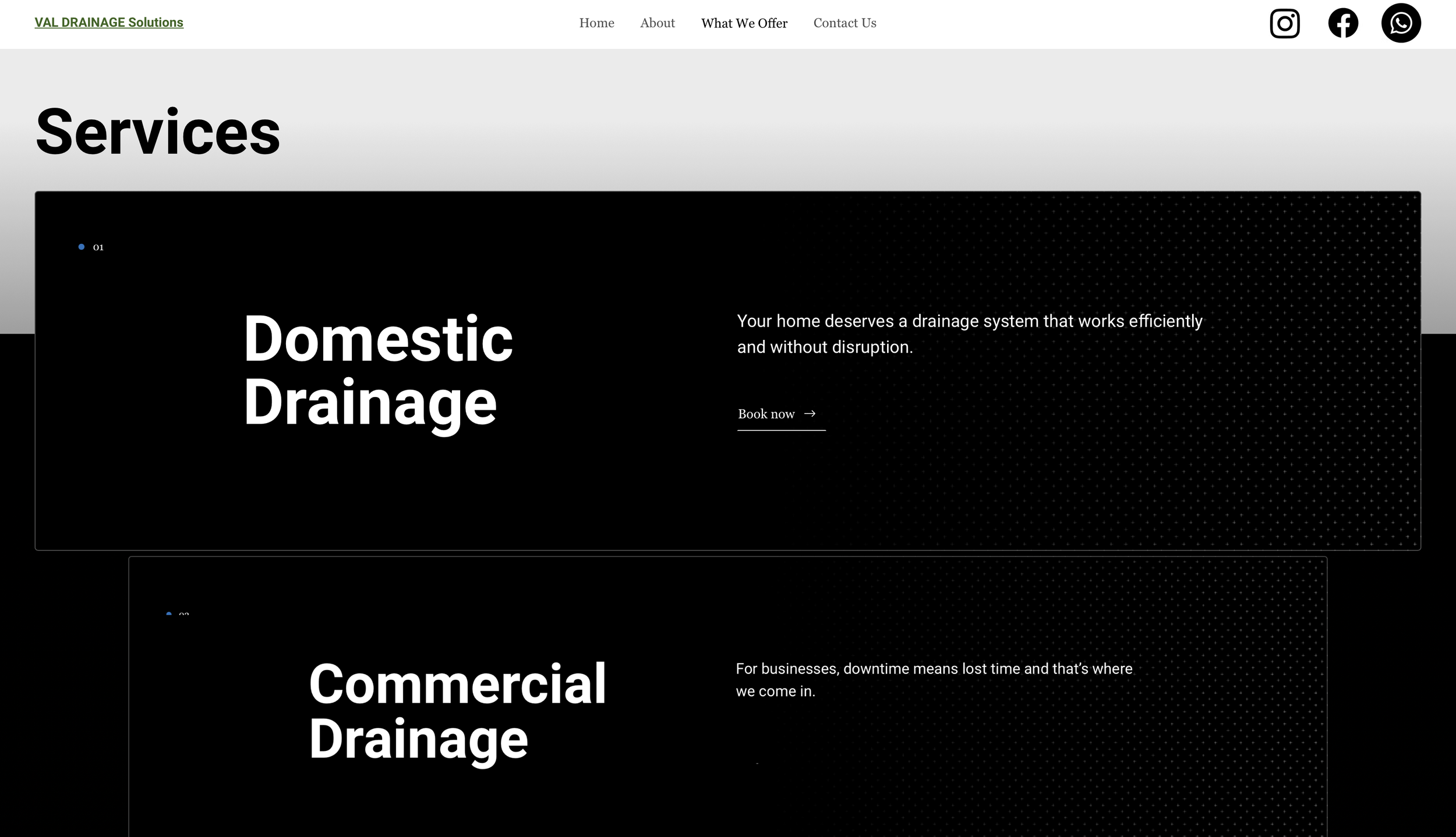 Screenshot of a website homepage for VAL DRAINAGE Solutions, showing navigation links and sections for Domestic Drainage and Commercial Drainage services.
