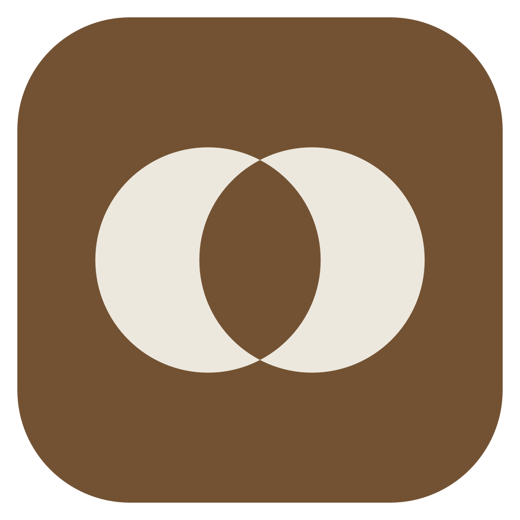 logo with two overlapping white circles on a brown background. fused web studio