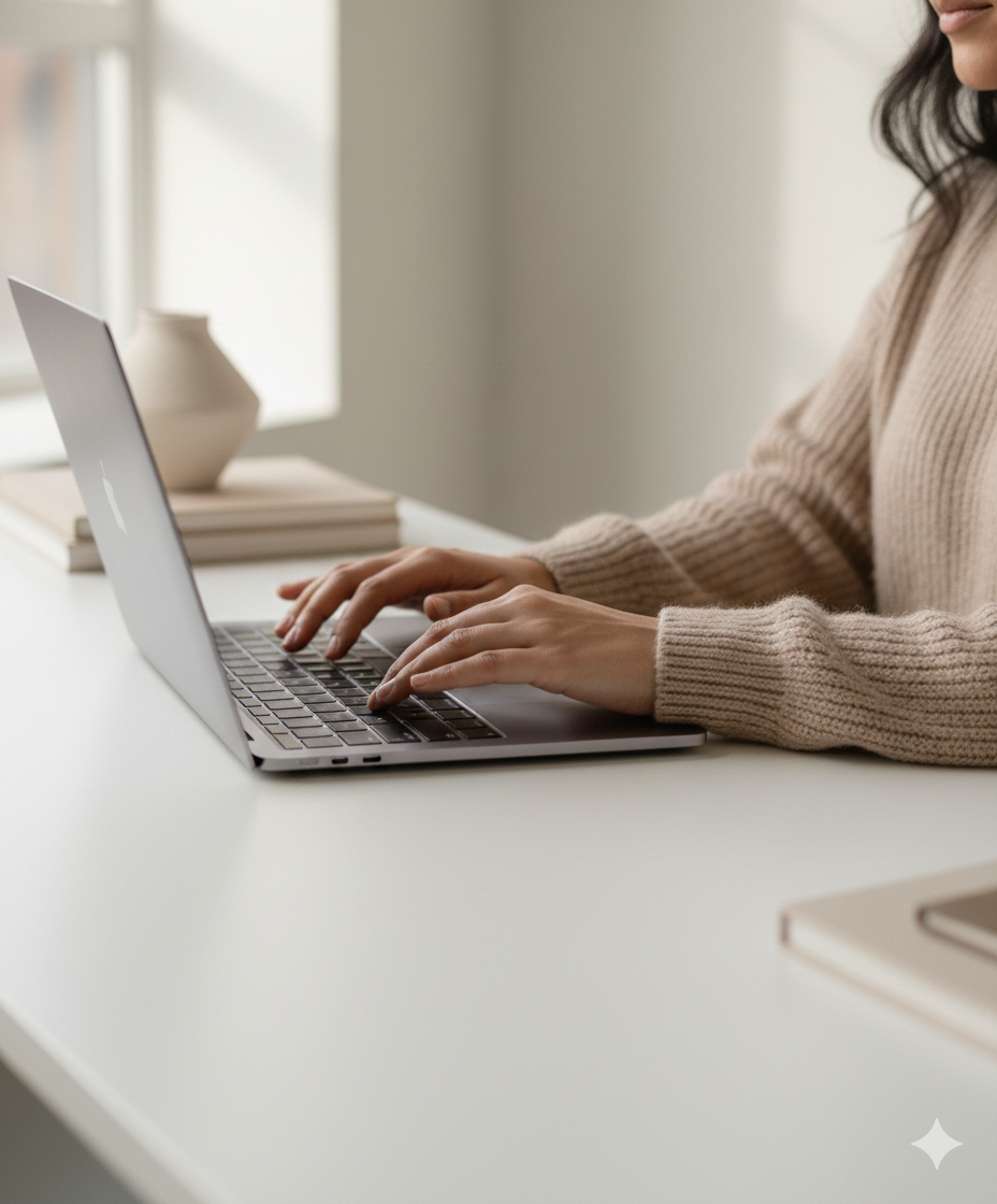 A woman in a beige sweater typing on a laptop at a white desk.