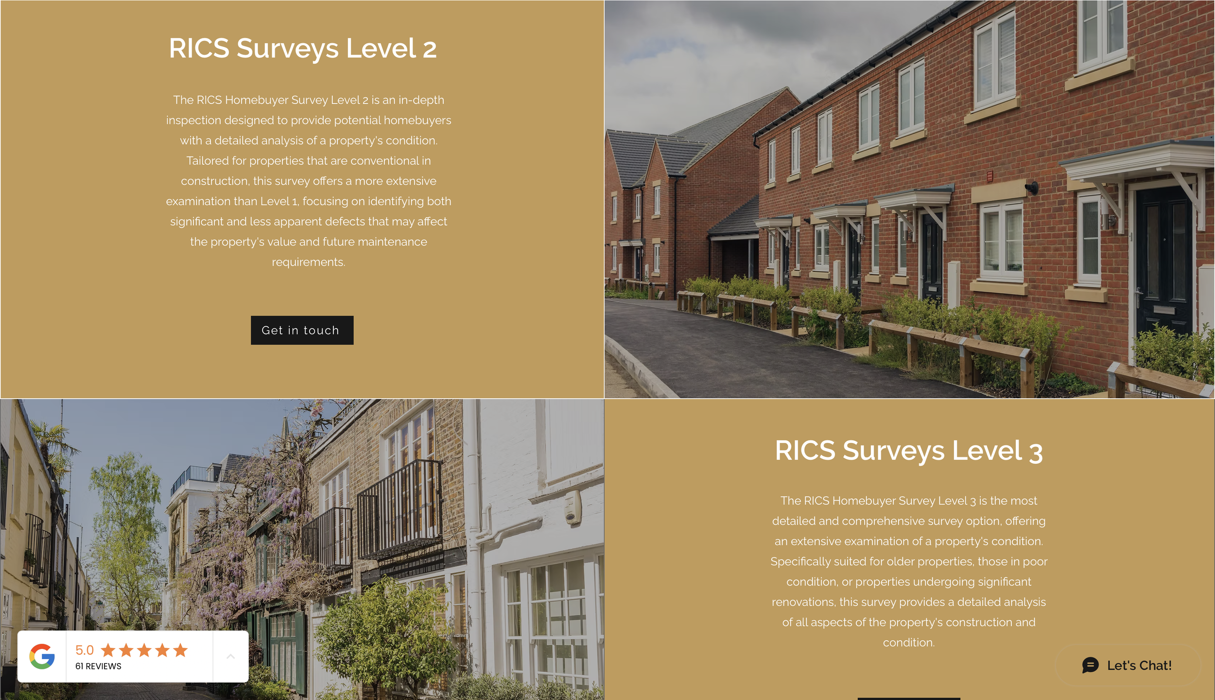 A webpage layout featuring information about RICS homebuyer surveys, with images of row houses and townhouses. The layout is divided into sections explaining RICS Surveys Level 2 and Level 3, with a call-to-action button and a chat option, and includes a Google review badge in the corner.