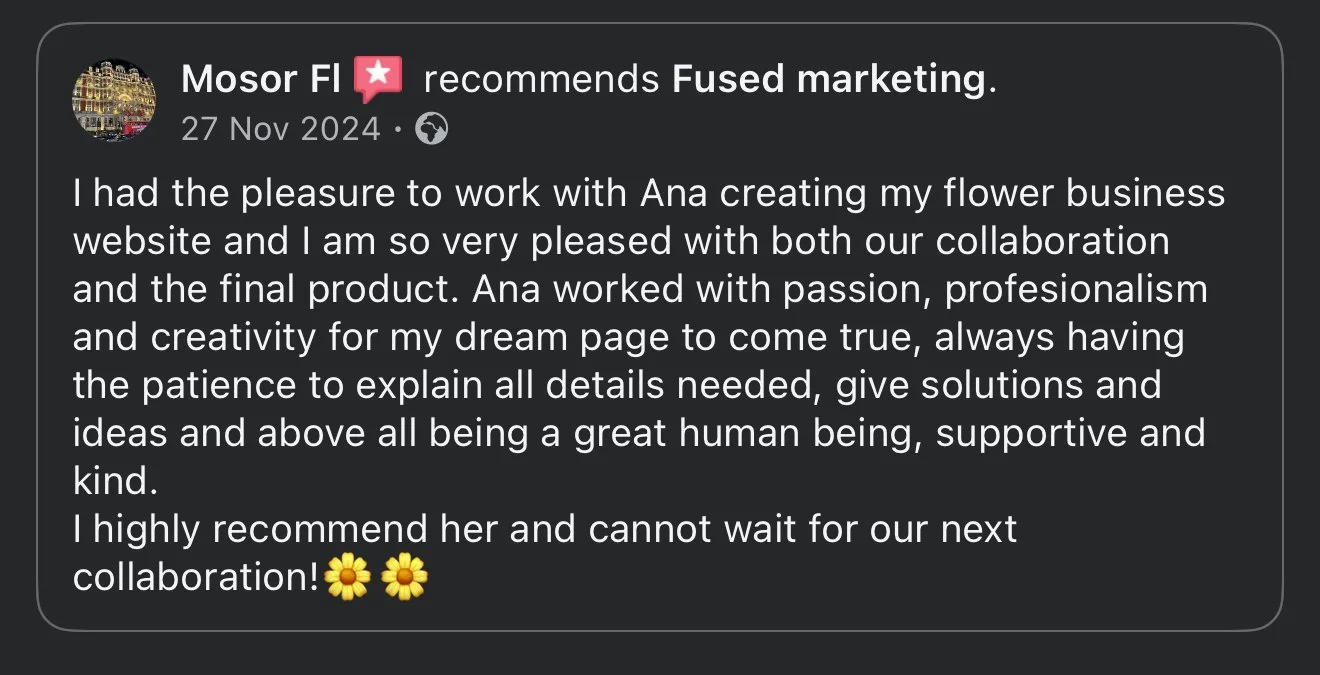 Screenshot of a Facebook recommendation post from Mosor Fl recommending Fused marketing, praising Ana for her passion, professionalism, creativity, patience, supportiveness, and kindness, with two flower emojis at the end.