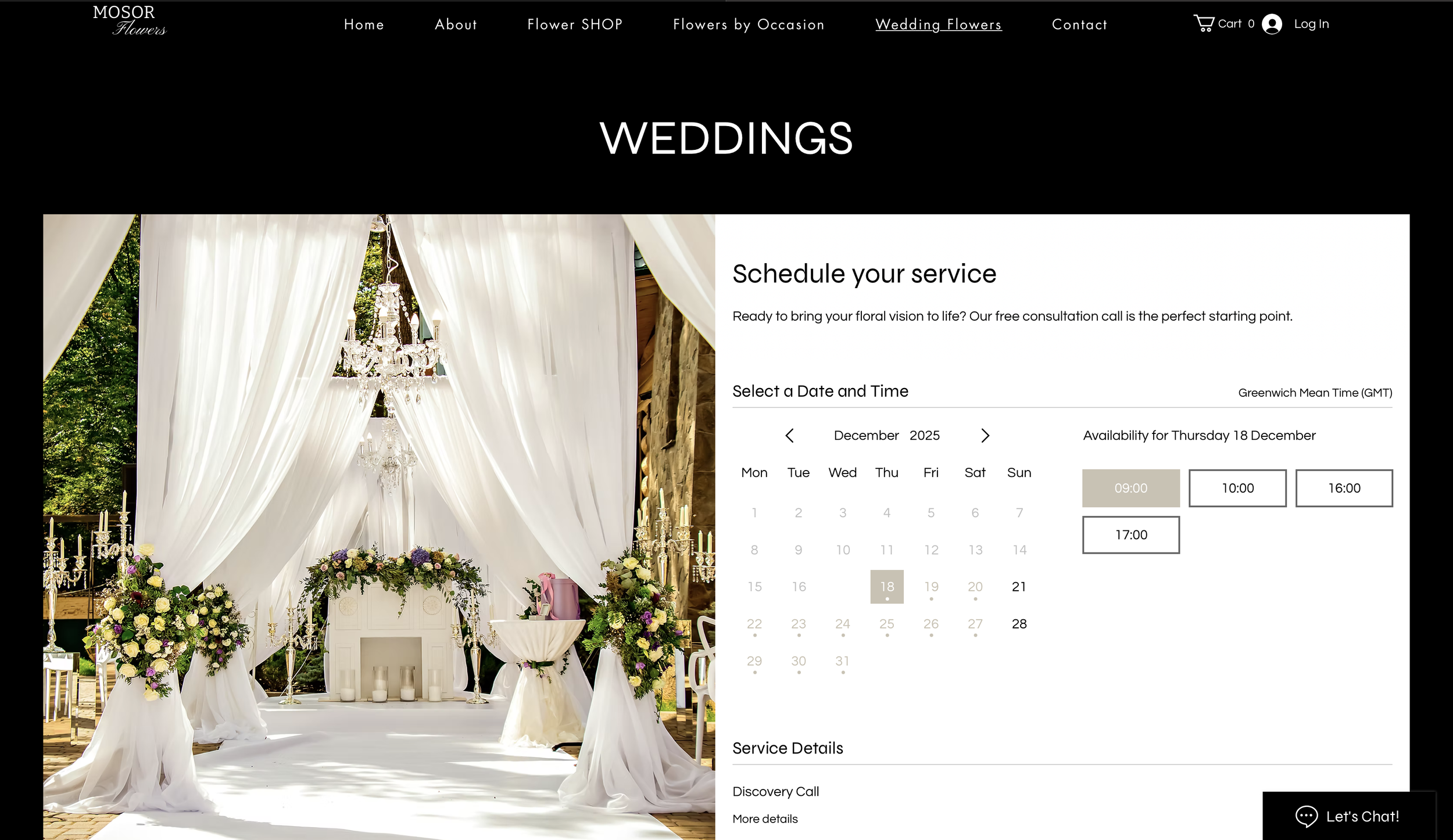 Outdoor wedding ceremony setup with white drapes, floral arrangements, and a chandelier