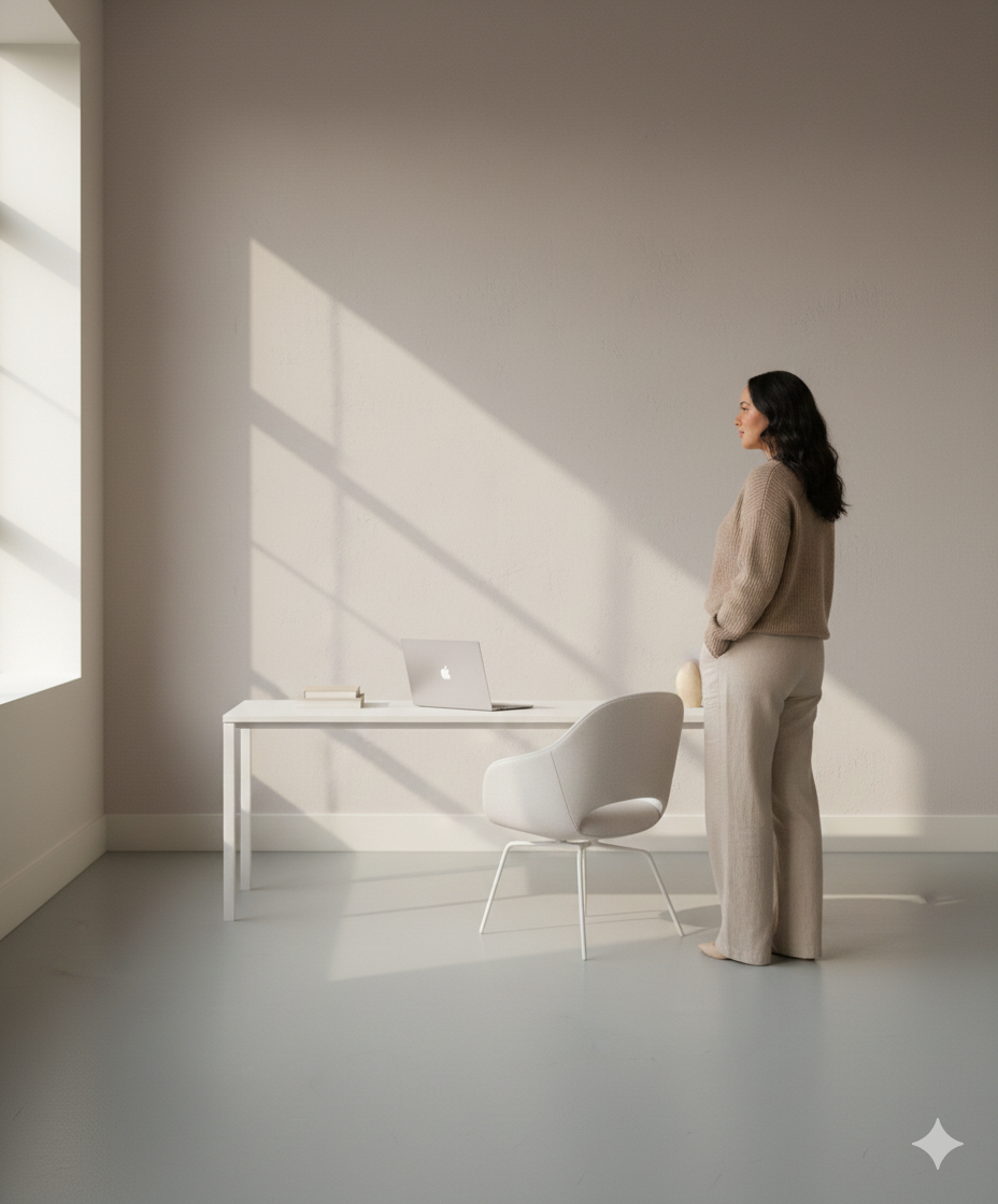 Woman standing in a minimalist, sunlit room with a white desk, an open laptop, a chair, and some decorative objects.