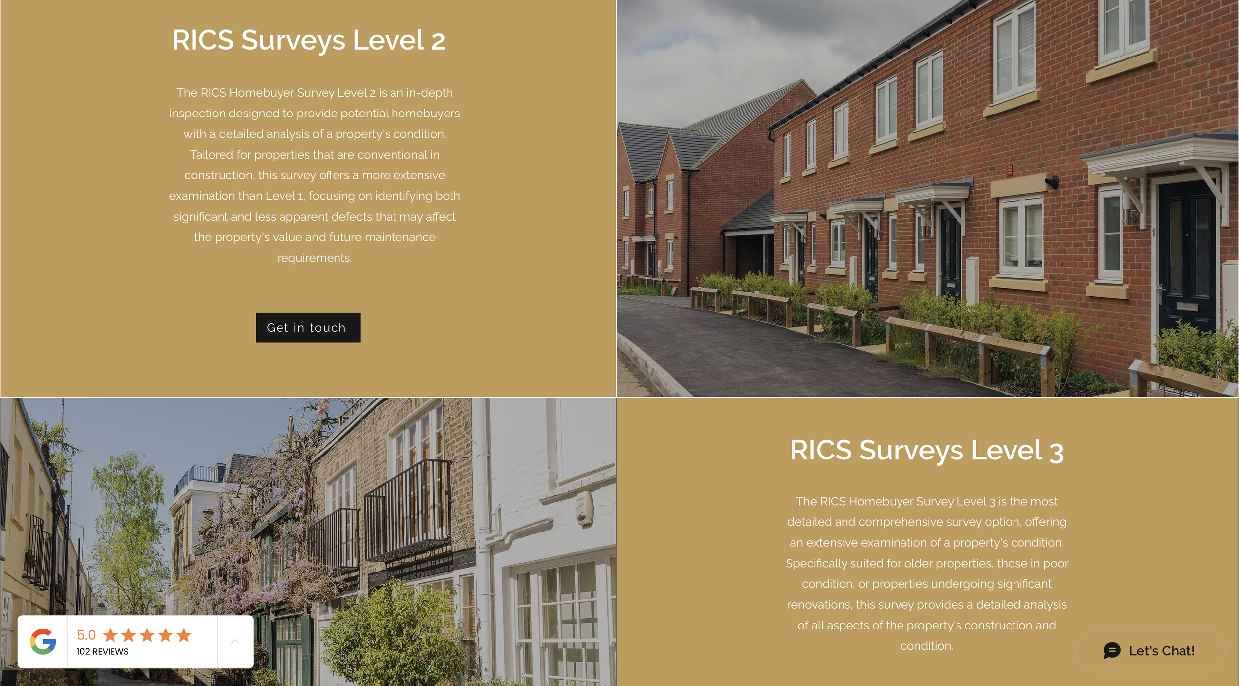 Screenshot of a webpage about RICS Homebuyer Survey levels 2 and 3, featuring images of residential buildings with brick exteriors, windows, and small front yards, and a Google star rating with 102 reviews.