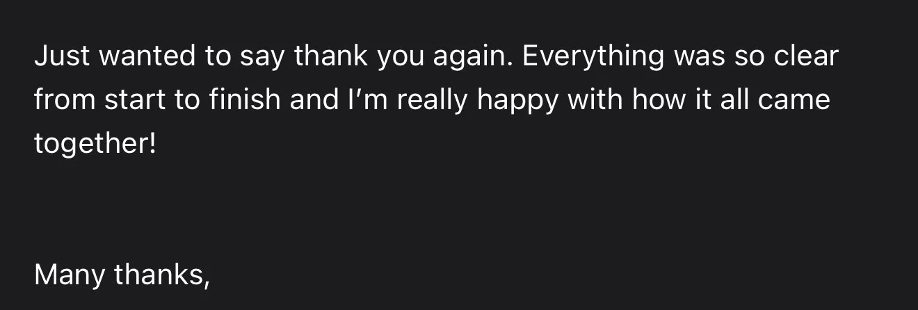 Screenshot of a thank you message on a black background, expressing gratitude for clear communication and successful collaboration.